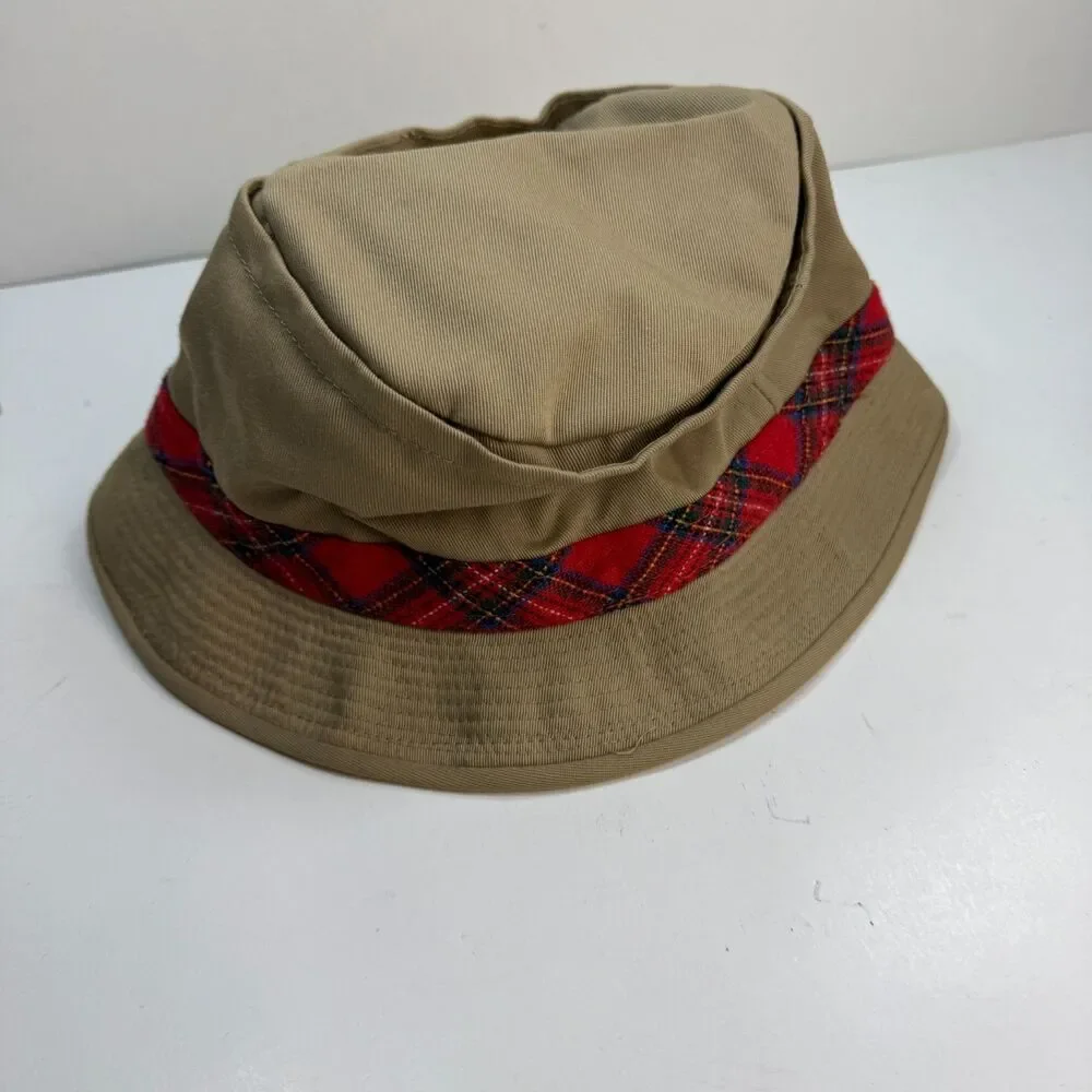 Vintage LL Bean Bucket Hat Size 7 1/2 Made in USA Union Plaid Tan Beige